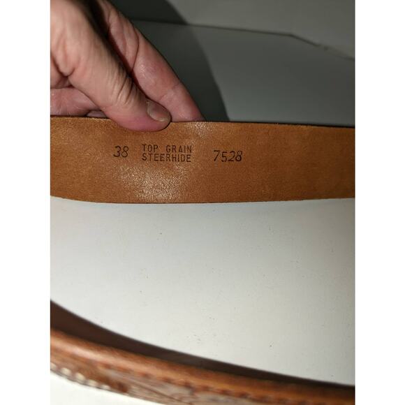 Vintage Hand Tooled Leather Belt Top Grain Steer Hide Tan Unisex - Picture 7 of 9